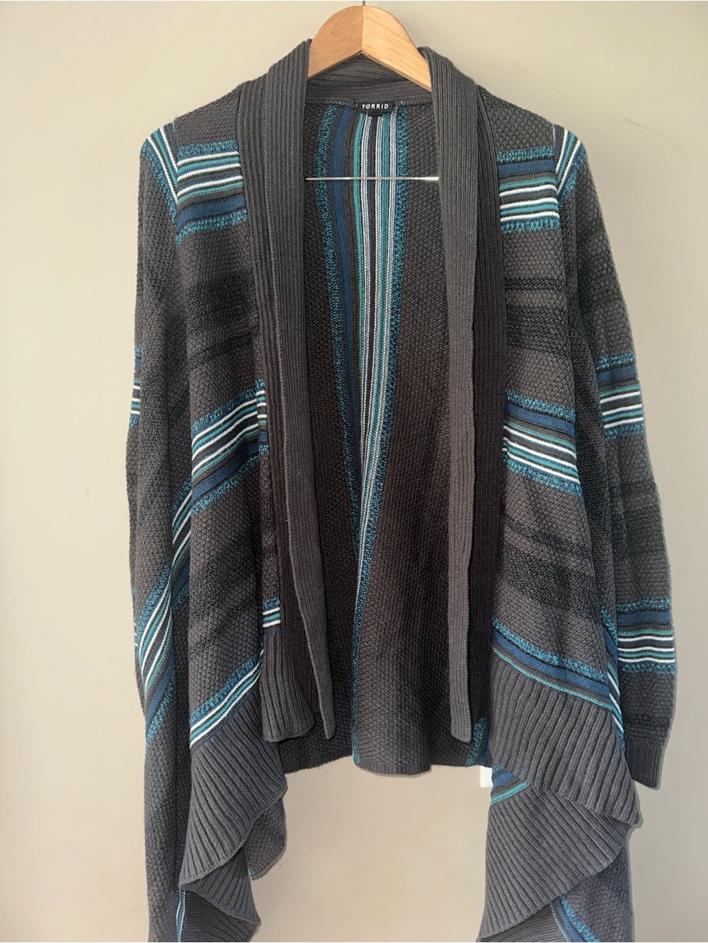 Torrid Gray & Teal Open-Front Striped Drape Sweater size 1 (14/16)